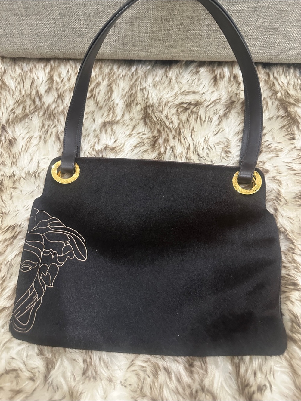 VERSACE dark brown pony hair Bag with Gold Ring Hardware Medusa head detail